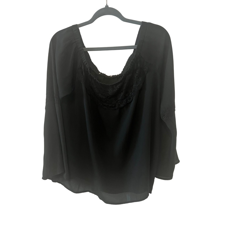 Black Off The Shoulder Lace Trim Bell Sleeve Blouse Boho Top (1110)